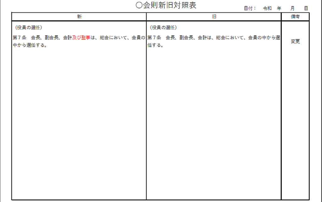 新旧対照表のテンプレート