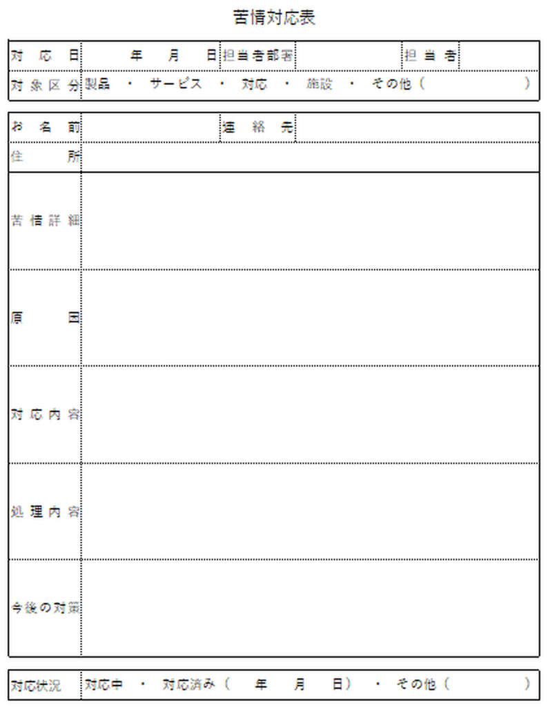 苦情対応表のテンプレート