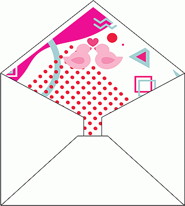 封筒の飾り紙-オシャレな幾何学模様の背景に、キスをする鳥のイラスト