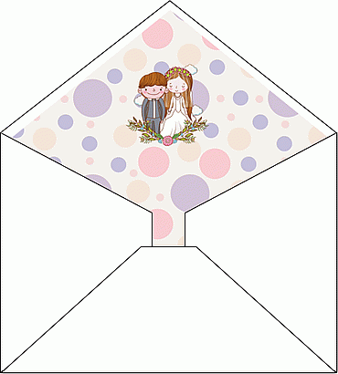 封筒の飾り紙-水玉の背景に可愛い新郎新婦のイラスト