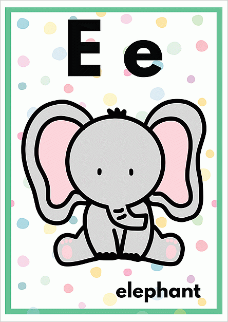 Eのアルファベットカード：elephantのイラスト