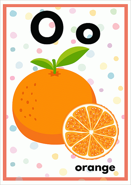 Oのアルファベットカード：orangeのイラスト