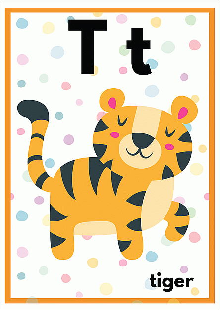 Tのアルファベットカード：tigerのイラスト