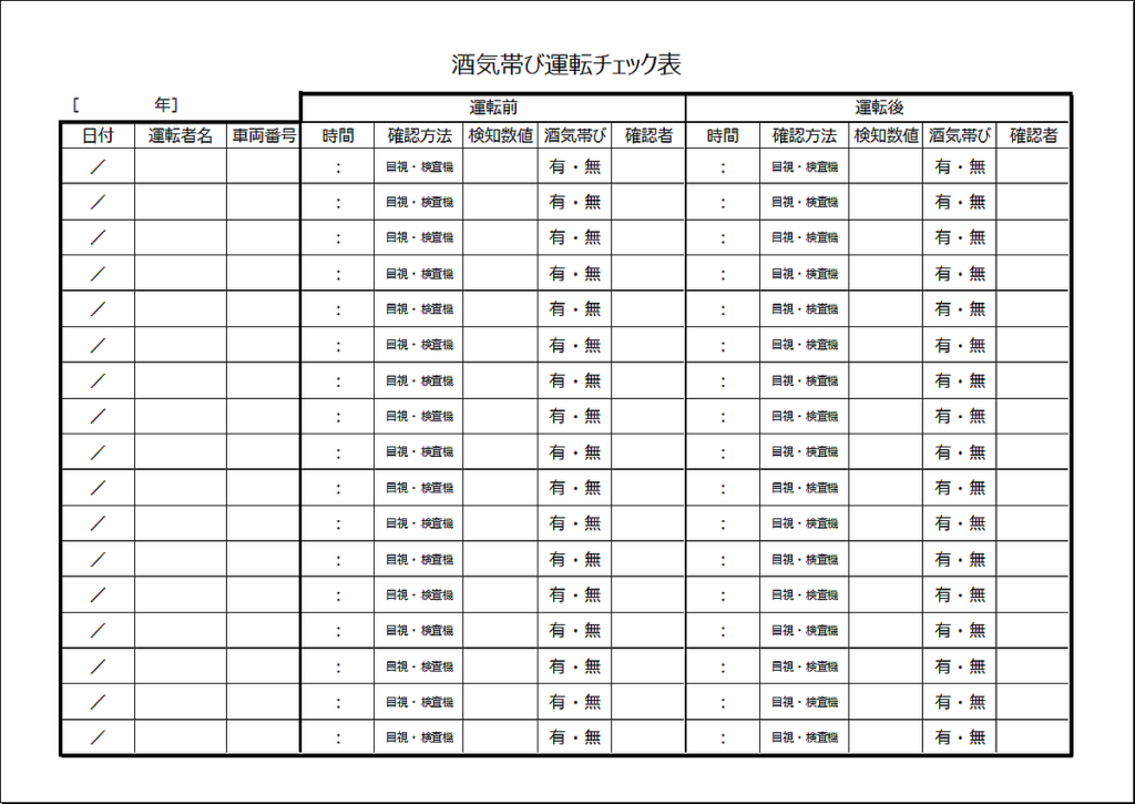 酒気帯び運転チェック表のテンプレート