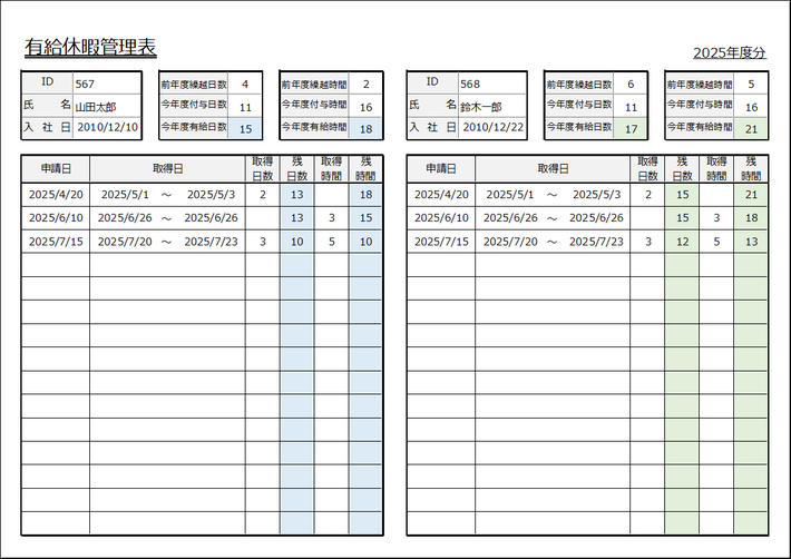 時間単位の有給休暇管理表テンプレート-2