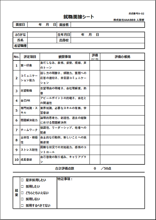 成長意欲と実績重視型の就職面接シート