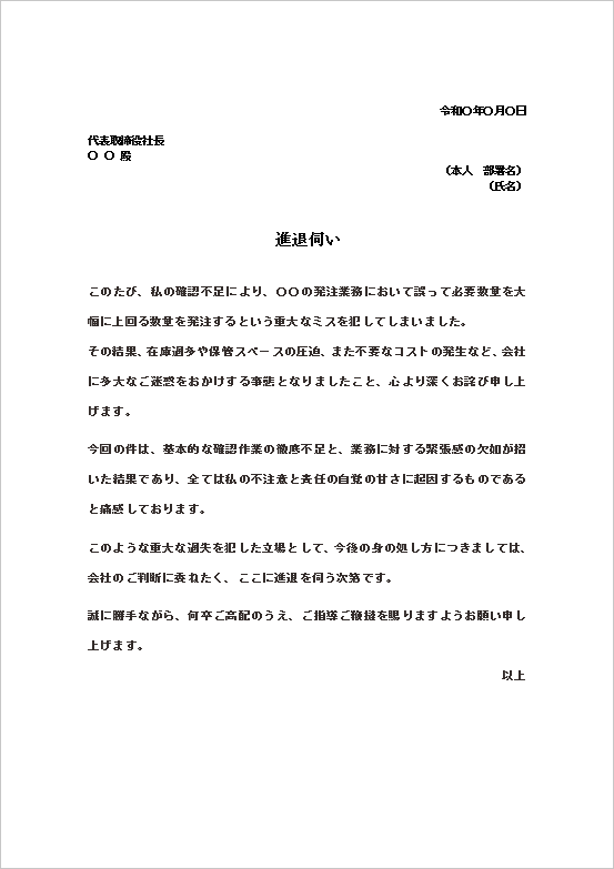 発注ミスによる進退伺い