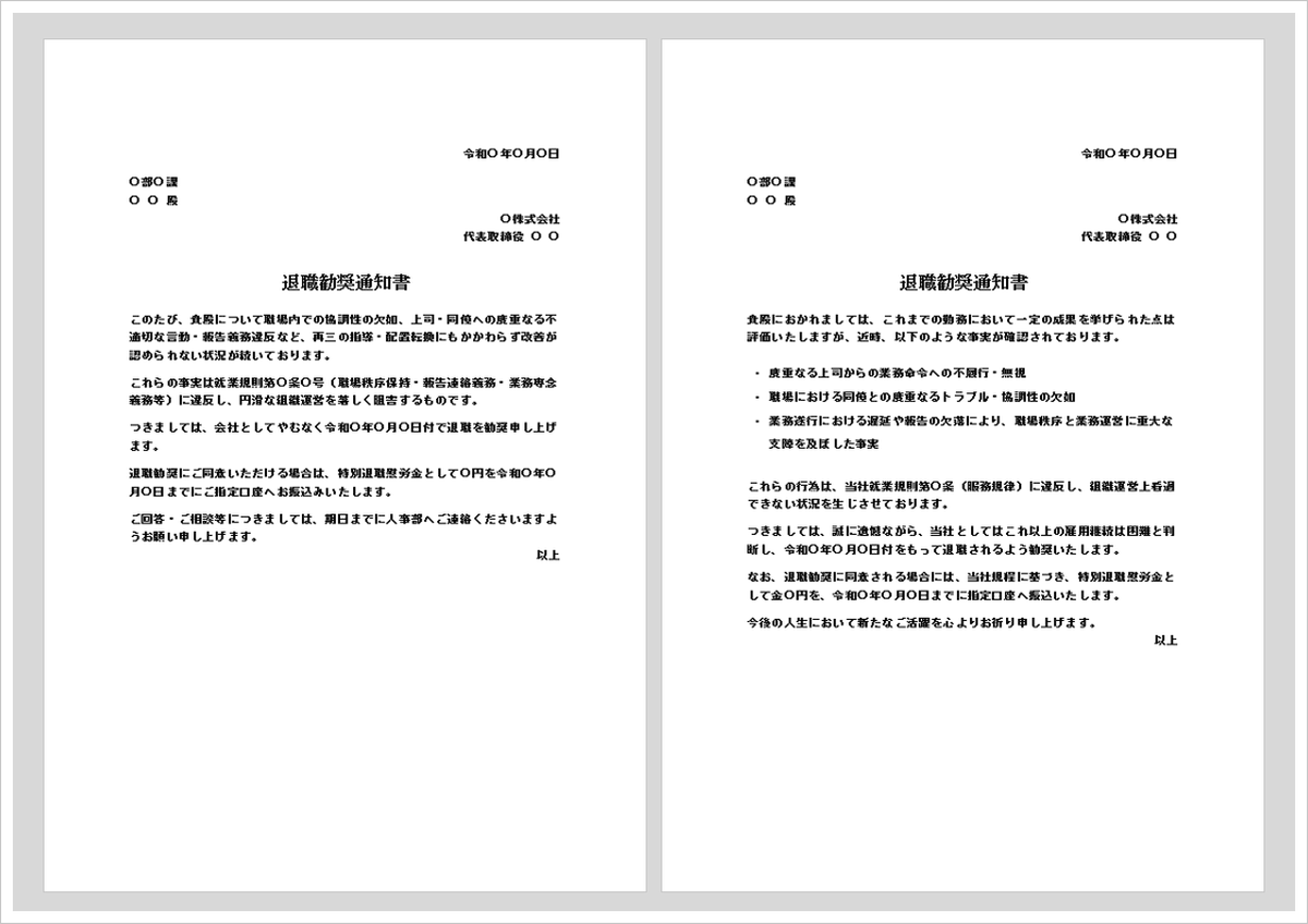 退職勧奨通知書テンプレート｜例文・Wordフォーマット無料ダウンロード