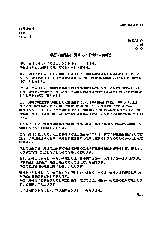 侵害否認と法的根拠に基づく特許権侵害抗議への対応文テンプレート