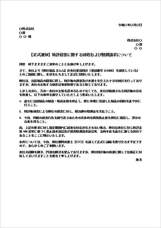 訴訟を検討する法的に警告する特許権侵害抗議への対応文テンプレート