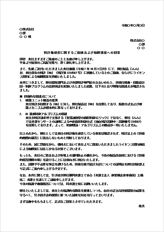 高度な法務対応の特許権侵害抗議への対応文テンプレート
