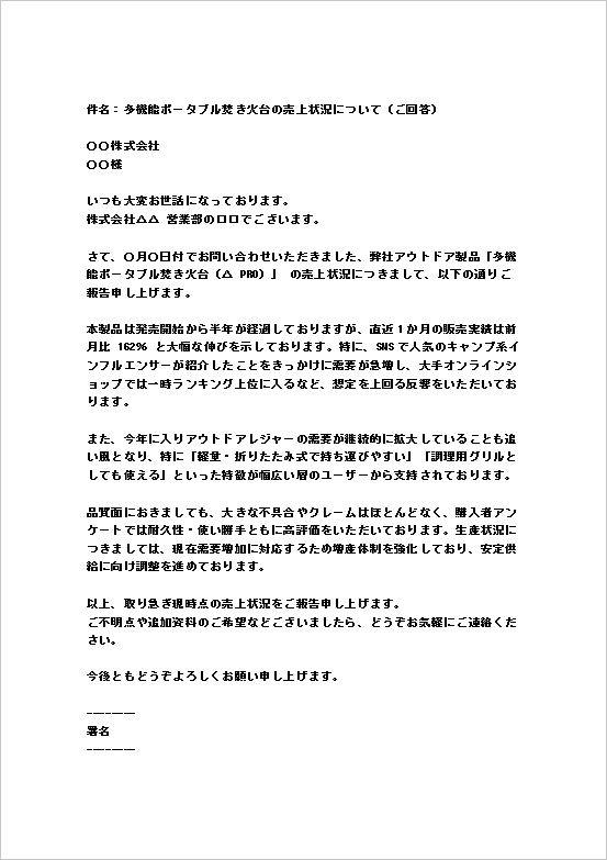 多機能ポータブル焚き火台売上報告メールのテンプレート