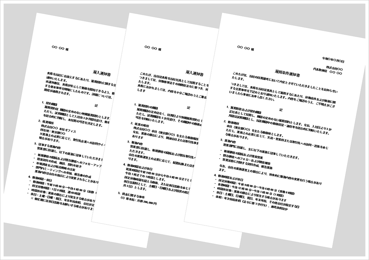 雇入通知書テンプレート3種類 Word形式無料ダウンロード 労働条件通知書の例文付き